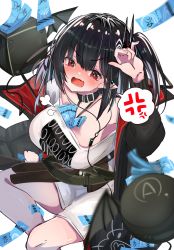 Rule 34 | 1girl, absurdres, anger vein, arknights, arm up, banknote, belt, black coat, black hair, blush, breasts, closure (arknights), coat, collarbone, creature, embarrassed, fang, fangs, full-face blush, highres, invisible chair, kurarome, large breasts, long hair, long sleeves, looking at viewer, lungmen dollar, money, no pants, off-shoulder shirt, off shoulder, one side up, open clothes, open coat, open mouth, pointy ears, red eyes, shirt, simple background, sitting, skin fang, solo, speech bubble, spoken anger vein, tearing up, tears, v-shaped eyebrows, white background, white shirt