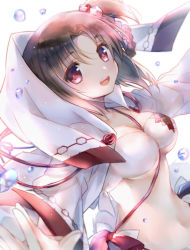 Rule 34 | 1girl, ainu clothes, aquaplus, blush, braid, breasts, brown hair, cleavage, cleavage cutout, clothing cutout, crop top, from side, gradient eyes, hair between eyes, hair ornament, hood, hood down, hooded jacket, hoodie, inui (utawarerumono), jacket, large breasts, long sleeves, looking at viewer, midriff, multicolored eyes, open mouth, outstretched arms, red eyes, sidelocks, solo, spread arms, swimsuit, tail, teeth, toned, toned female, tongue, underboob, upper body, utawarerumono, utawarerumono: lost flag, water, water drop, yami nabe23