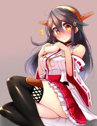 Rule 34 | 10s, 1girl, ^^^, absurdres, bad id, bad nicoseiga id, baozi, bare shoulders, black footwear, black hair, black thighhighs, blush, boots, breasts, choker, detached sleeves, female focus, food, hair ornament, hairband, hairclip, haruna (kancolle), highres, japanese clothes, kantai collection, large breasts, long hair, looking at viewer, nontraditional miko, ribbon-trimmed sleeves, ribbon trim, simple background, skirt, solo, thigh boots, thighhighs, tsukui kachou