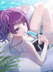 Rule 34 | 1girl, absurdres, asymmetrical bangs, black one-piece swimsuit, breasts, cleavage, commentary, competition swimsuit, day, diagonal bangs, ear piercing, earrings, food, highres, holding, holding food, holding ice cream, ice cream, idolmaster, idolmaster shiny colors, jewelry, legs, light blush, looking at viewer, medium breasts, medium hair, momomoi momoi, on innertube, one-piece swimsuit, outdoors, partially submerged, piercing, plant, popsicle, purple eyes, purple hair, purple nails, shadow, side ponytail, solo, sunlight, swimsuit, tanaka mamimi, thighs, tongue, tongue out, water, wavy hair, wet, whistle, whistle around neck, white inner