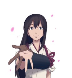 Rule 34 | 10s, 1girl, akagi (kancolle), birii, black hair, brown eyes, brown gloves, cherry blossoms, gloves, hair between eyes, japanese clothes, kantai collection, light smile, long hair, looking at viewer, muneate, outstretched hand, partially fingerless gloves, partly fingerless gloves, petals, reaching, reaching towards viewer, revision, simple background, sleeves rolled up, smile, solo, straight hair, tasuki, upper body, white background, yugake