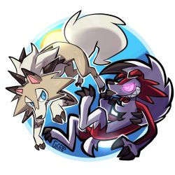 Rule 34 | 10s, artist name, blue eyes, circle, creatures (company), game freak, gen 7 pokemon, gerph, glowing, glowing eyes, grin, looking at another, lycanroc, lycanroc (midday), lycanroc (midnight), nintendo, no humans, pink eyes, pokemon, pokemon (creature), pokemon sm, sharp teeth, smile, teeth, wolf