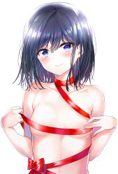 Rule 34 | 1girl, adagaki aki, black hair, blue eyes, blush, breasts, closed mouth, collarbone, commentary, hands up, head tilt, highres, holding, holding ribbon, looking at viewer, masamune-kun no revenge, naked ribbon, red ribbon, ribbon, short hair, sidelocks, simple background, small breasts, smile, solo, sunhyun, upper body, white background