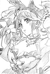 Rule 34 | 1girl, animal ears, blush, bow, breasts, choker, cleavage, dress, fake animal ears, frilled choker, frills, greyscale, hairband, hands in hair, highres, looking at viewer, macross, macross delta, makina nakajima, medium breasts, medium hair, monochrome, mosako, parted lips, rabbit ears, sleeves past wrists, solo, twintails, white background