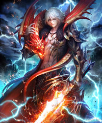 Rule 34 | 1boy, armor, cloud, cloudy sky, dragon, electricity, glowing, glowing weapon, highres, holding, holding sword, holding weapon, jewelry, kei1115, looking at viewer, male focus, midriff, muscular, necklace, shingoku no valhalla gate, sky, solo, standing, sword, tattoo, watermark, weapon, web address, white hair