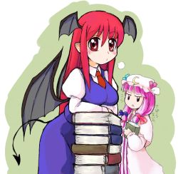 Rule 34 | 2girls, book, breasts, female focus, hat, head wings, koakuma, large breasts, multiple girls, patchouli knowledge, ribbon, sotto, embodiment of scarlet devil, touhou, wings