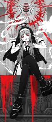 Rule 34 | 1girl, bandaid, bandaid on face, cigarette, crossed legs, deadnooodles, facial mark, forehead mark, greyscale, halo, hands up, hatsune miku, highres, holding, holding cigarette, kamippoina (vocaloid), long hair, looking at viewer, monochrome, nun, red eyes, short sleeves, sitting, smoke, solo, spot color, thighhighs, tongue, tongue out, vocaloid