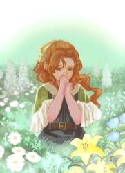 1girl aerith_gainsborough aged_down belt belt_buckle blue_overalls braid braided_ponytail brown_hair buckle child commentary_request field final_fantasy final_fantasy_vii final_fantasy_vii_remake flower flower_field grass green_eyes green_shirt hair_ribbon highres long_hair overall_shorts overalls own_hands_together parted_bangs praying ribbon shirt solo tori_(labyrinth_fft) upper_body white_flower yellow_flower yellow_ribbon