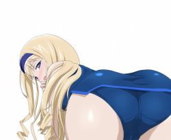Rule 34 | 10s, 1girl, :o, all fours, ass, bent over, blonde hair, blue eyes, blush, bodysuit, cecilia alcott, come hither, cowboy shot, drill hair, foreshortening, hairband, half-closed eyes, holding own arm, infinite stratos, leotard, lolita hairband, long hair, looking at viewer, looking back, nose blush, open mouth, panties, pilot suit, raised eyebrows, simple background, solo, super freedam, tears, underwear, very long hair, white background
