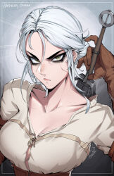 Rule 34 | 1girl, artist name, black eyeshadow, breasts, brown corset, brown gloves, ciri, closed mouth, collarbone, corset, elbow gloves, eyeshadow, facial scar, freckles, gloves, green eyes, grey hair, hair between eyes, highres, lips, makeup, orouu, scar, scar on cheek, scar on face, solo, sword, the witcher (series), upper body, weapon, weapon on back