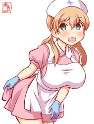 Rule 34 | 1girl, alternate costume, apron, aqua eyes, artist logo, blonde hair, blue gloves, breasts, commentary request, cowboy shot, dated, dress, gloves, hat, kanon (kurogane knights), kantai collection, large breasts, leaning forward, long hair, nurse, nurse cap, one-hour drawing challenge, pink dress, prinz eugen (kancolle), simple background, smile, solo, twintails, white apron, white background