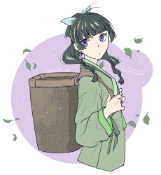 Rule 34 | 1girl, absurdres, backpack basket, basket, blue bow, blunt bangs, bow, chinese clothes, closed mouth, freckles, green hair, green shirt, hair bow, highres, holding strap, kusuriya no hitorigoto, leaf, long hair, long sleeves, looking at viewer, maomao (kusuriya no hitorigoto), purple eyes, shirt, solo, takehide, upper body, wind