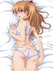 Rule 34 | 1girl, apron, ass, back, bed, blue eyes, blush, bra, brown hair, game cg, highres, lingerie, long hair, looking back, neon genesis evangelion, open mouth, panties, solo, souryuu asuka langley, tadano akira, twintails, two side up, underwear, underwear only