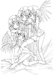 Rule 34 | 4girls, clone, female focus, flandre scarlet, frills, gengorou, greyscale, lingerie, monochrome, multiple girls, nightgown, simple background, sitting, socks, standing, thighhighs, touhou, underwear, white background, wings