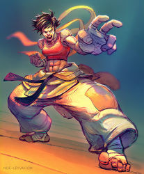 Rule 34 | 1girl, abs, angry, baggy pants, bandaged foot, bandaged hand, bandages, barefoot, belt, black belt, choker, clenched hand, clothes around waist, crop top, dougi, fighting stance, karate gi, loose pants, makoto (street fighter), martial arts belt, noe leyva, open mouth, pants, red sports bra, ribbon choker, shirt, shirt around waist, short hair, sports bra, street fighter, toes, tomboy, wooden floor, yellow choker