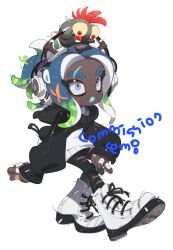 Rule 34 | 1other, androgynous, animal, animal on head, bandaged fingers, bandages, black jacket, black leggings, blue eyes, blue hair, bulging eyes, colored sclera, commission, cropped jacket, cross-laced footwear, dark skin, english text, eye contact, fang, fish, gradient hair, green hair, headphones, highres, jacket, leggings, long sleeves, looking at another, looking down, looking up, medium hair, messy hair, mohawk, multicolored eyes, multicolored hair, nintendo, octoling, octoling girl, octoling player character, on head, open mouth, other focus, ows28888888, pink eyes, red eyes, red hair, scar, scar on face, shirt, shoes, short hair, single tooth, smallfry (splatoon), splatoon (series), splatoon 3, suction cups, tentacle hair, tentacles, tongue, torn clothes, torn leggings, two-tone hair, white footwear, white shirt, wide-eyed, yellow sclera