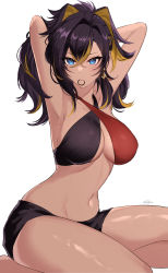 Rule 34 | 1girl, absurdres, armpits, arms behind head, arms up, bare arms, black hair, blonde hair, blue eyes, breasts, criss-cross halter, crossed bangs, dark-skinned female, dark skin, dehya (genshin impact), genshin impact, hair between eyes, hair tie in mouth, halterneck, highres, large breasts, looking at viewer, looking back, mouth hold, multicolored hair, navel, sakotach, simple background, sitting, solo, stomach, streaked hair, thighs, white background