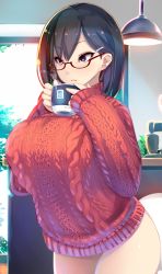 Rule 34 | 1girl, black hair, blue eyes, breasts, commentary request, cup, glasses, highres, huge breasts, lamp, looking at viewer, looking to the side, mug, no pants, original, parted lips, raised eyebrows, ribbed sweater, shiki (psychedelic g2), short hair, solo, sweater, thighs