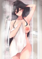 Rule 34 | 1girl, after bathing, arm up, armpits, black hair, blush, breasts, brown eyes, closed mouth, collarbone, completely nude, covering privates, cow, hair between eyes, hand in own hair, highres, holding, holding towel, idolmaster, idolmaster shiny colors, indoors, large breasts, long hair, looking at viewer, mole, mole under eye, nipples, nude, nude cover, shirase sakuya, shower (place), shusiki, smile, solo, steam, thigh gap, towel, wet