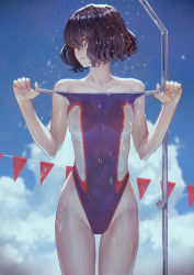 Rule 34 | 1girl, bare arms, bare legs, bare shoulders, black hair, blue sky, bob cut, breasts, clothes pull, cloud, collarbone, competition swimsuit, cowboy shot, day, eyebrows, eyebrows hidden by hair, facing viewer, flag, green eyes, hand on own hip, highleg, highleg swimsuit, highres, holding strap, kaoming, looking at viewer, one-piece swimsuit, one-piece swimsuit pull, original, outdoors, purple one-piece swimsuit, see-through, short hair, showering, sky, solo, strap pull, swimsuit, thighs, wet, wet clothes, wet swimsuit