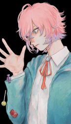 Rule 34 | 1boy, amemura ramuda, androgynous, black background, blue eyes, bolo tie, candy, collared shirt, dropping, eyelashes, food, from behind, highres, hood, hood down, hoodie, hypnosis mic, lollipop, looking down, male focus, multicolored eyes, multicolored hair, open hand, paleturquoise, pink hair, ribbon, shirt, short hair, solo, swept bangs, wavy hair