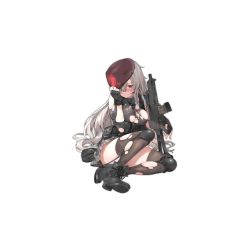 Rule 34 | 1girl, 3:, assault rifle, banned artist, beret, black gloves, black thighhighs, blush, boots, braid, breasts, cleavage, cross-laced footwear, fingerless gloves, full body, g36c (girls&#039; frontline), garter straps, girls&#039; frontline, gloves, gun, h&amp;k g36, hair over one eye, hair ribbon, hat, hat tug, knee pads, large breasts, long hair, official alternate costume, official art, parsley-f, plaid, plaid skirt, pleated skirt, pouch, red eyes, ribbon, rifle, side braid, silver hair, sitting, skirt, solo, thighhighs, torn clothes, torn thighhighs, transparent background, weapon
