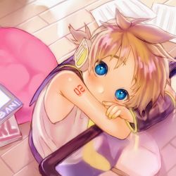 Rule 34 | 1boy, bad id, bad pixiv id, blonde hair, blouse, blue eyes, blush, covering own mouth, head rest, highres, kagamine len, korpokkur kne, looking at viewer, nail polish, necktie, paper, shirt, short hair, sitting, solo, spiked hair, vocaloid, white shirt, wooden floor, yellow nails, yellow necktie