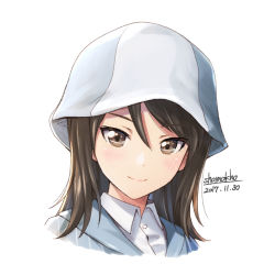 Rule 34 | 10s, 1girl, artist name, blue hat, blue shirt, brown eyes, brown hair, closed mouth, dated, dress shirt, girls und panzer, hat, keizoku school uniform, long hair, looking at viewer, mika (girls und panzer), portrait, school uniform, shamakho, shirt, signature, simple background, smile, solo, striped clothes, striped shirt, vertical-striped clothes, vertical-striped shirt, white background, white shirt, wing collar