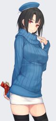 Rule 34 | 10s, 1girl, arms behind back, black hair, black thighhighs, blue hat, breasts, cowboy shot, food, hat, kantai collection, large breasts, long sleeves, miniskirt, pencil skirt, pocky, red eyes, ribbed sweater, rokuwata tomoe, short hair, simple background, skirt, solo, sweater, takao (kancolle), thighhighs, turtleneck, upper body, white background, zettai ryouiki