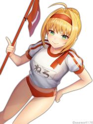 Rule 34 | 1girl, ahoge, bad id, bad twitter id, blonde hair, blush, breasts, buruma, closed mouth, fate/grand order, fate (series), flag, green eyes, gym uniform, hair intakes, hairband, highres, holding, holding flag, looking at viewer, medium breasts, nero claudius (fate), nero claudius (fate) (all), nero claudius (fate/extra), nero claudius (olympian bloomers) (fate), official alternate costume, pantsu majirou, short sleeves, smile, solo, twitter username