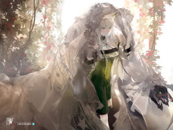 Rule 34 | 1girl, 1other, animal ears, arknights, artist name, black choker, blurry, blurry background, blush, breasts, bridal veil, chinese commentary, choker, cleavage, closed mouth, commentary request, detached sleeves, dress, flower, green dress, green eyes, haixianbai, hands up, highres, jewelry, kal&#039;tsit (arknights), making-of available, mixed media, mon3tr (arknights), outdoors, photo (medium), plant, ring, short hair, sleeveless, sleeveless dress, standing, veil, white hair