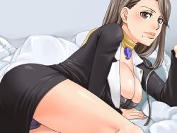 Rule 34 | 1girl, artist request, mia fey, blush, breasts, brown hair, capcom, cleavage, dress, female focus, ace attorney, large breasts, mole, panties, scarf, solo, underwear