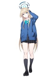 Rule 34 | 1girl, black footwear, black skirt, black socks, blonde hair, blue archive, blue bow, blue bowtie, blue cardigan, blue eyes, blue halo, bow, bowtie, buttons, cardigan, closed mouth, collared shirt, full body, halo, highres, long hair, long sleeves, looking at viewer, nyus0721, pleated skirt, shirt, shoes, simple background, skirt, socks, solo, toki (blue archive), white background, white shirt