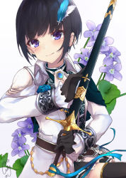 Rule 34 | 1girl, artist name, ascot, balt, black gloves, black hair, blue flower, blue rose, bob cut, brooch, capelet, check flower, coat, commentary request, dear knight, feather hair ornament, feathers, flower, gloves, feather hair ornament, holding, holding sword, holding weapon, idolmaster, idolmaster cinderella girls, jewelry, leaf, looking at viewer, purple eyes, ramr2775, ribbon, rose, sheath, sheathed, shirayuki chiyo, simple background, smile, solo, sword, thighhighs, violet (flower), weapon, white background, white coat