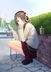 Rule 34 | 1girl, boots, breasts, brick, brown hair, bush, cable, cellphone, chain, cup, day, disposable cup, fountain, from side, gold chain, hair over one eye, hand on own chin, hands up, head rest, head tilt, headphones, hedge, highres, holding, holding phone, legs together, looking at viewer, original, orishin, outdoors, park, parted bangs, phone, plaid, plaid skirt, pleated skirt, red eyes, red skirt, resolution mismatch, ribbed sweater, sennheiser, sett, shade, shirt, short hair, skirt, smartphone, smile, solo, source larger, squatting, sunlight, sweater, tree, zipper footwear