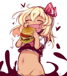 Rule 34 | 1girl, ^ ^, arrow (symbol), belly, blonde hair, blush, bow, burger, cheese, cheese trail, closed eyes, darkness, eating, closed eyes, fang, food, groin, hair ribbon, heart, lettuce, muuba, navel, out-of-frame censoring, plump, ribbon, rumia, short hair, solo, tan, tomato, toothpick, touhou