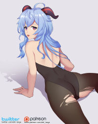 Rule 34 | 1girl, ahoge, ass, bare shoulders, blue hair, bodysuit, cameltoe, from behind, ganyu (genshin impact), genshin impact, horns, leotard, long hair, looking at viewer, looking back, old taiga, pantyhose, purple eyes, smile, solo, torn clothes, torn pantyhose, very long hair