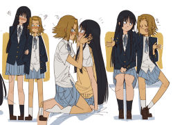 Rule 34 | 2girls, 3:, :t, akiyama mio, arm support, bangs pinned back, bed sheet, between legs, black hair, black legwear, blazer, blue jacket, blue ribbon, blue skirt, blunt bangs, blunt ends, blush, brown footwear, brown hair, calf socks, cheek press, closed eyes, closed mouth, collared shirt, commentary, commentary request, couple, drop shadow, ear blush, embarrassed, english commentary, eye contact, face-to-face, facing viewer, feet out of frame, film grain, flustered, flying sweatdrops, from side, frown, full body, furrowed brow, girl on top, gutalalaman, hairband, half-closed eyes, hand on another&#039;s shoulder, hands on another&#039;s cheeks, hands on another&#039;s face, hands on lap, hands up, highres, hime cut, imminent kiss, jacket, k-on!, legs apart, light smile, loafers, locked arms, long hair, long sleeves, looking at another, looking away, looking to the side, miniskirt, multiple girls, multiple views, narrowed eyes, neck ribbon, no shoes, open clothes, open hands, open jacket, open mouth, outstretched arm, own hands together, pleated skirt, profile, raised eyebrows, ribbon, sakuragaoka high school uniform, school uniform, shirt, shoes, short hair, short sleeves, shy, side-by-side, sitting, sitting on lap, sitting on person, skirt, smile, socks, sparkle, squiggle, standing, straight hair, sweat, sweater vest, tainaka ritsu, toon (style), u u, unkempt, v-shaped eyebrows, wavy mouth, white background, white legwear, white shirt, wing collar, yellow background, yellow hairband, yuri