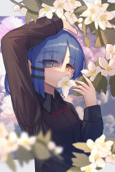 Rule 34 | 1girl, absurdres, blue hair, blush, bocchi the rock!, covered mouth, flower, hair ornament, hair over one eye, hand up, highres, holding, holding flower, leaf, looking at viewer, mole, mole under eye, ricke 2002, short hair, solo, yamada ryo, yellow eyes
