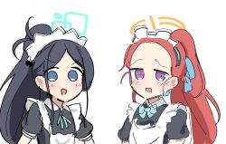Rule 34 | 2girls, apron, aris (blue archive), aris (maid) (blue archive), black hair, blue archive, blue eyes, looking at viewer, maid headdress, multiple girls, ponytail, purple eyes, raw beef, red hair, simple background, solo, twitter, white apron, white background, yuzu (blue archive)