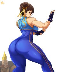 Rule 34 | 1boy, 1girl, absurdres, artist name, ass, birdie (street fighter), black gloves, breasts, brown hair, capcom, chain, chun-li, commentary, double bun, fingerless gloves, gloves, hair bun, highres, jmg, large breasts, short hair, signature, simple background, street fighter, street fighter zero (series), thick thighs, thighs, toned, white background