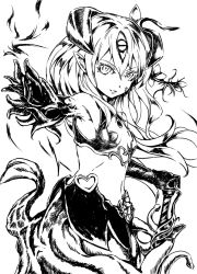 Rule 34 | 1girl, alipheese fateburn xvi, breasts, cowboy shot, elbow gloves, flower, gloves, greyscale, hair between eyes, hair flower, hair ornament, horns, jitsu shizu, long hair, looking at viewer, mon-musu quest!, mon-musu quest: paradox, monochrome, monster girl, pointy ears, simple background, sketch, skirt, small breasts, smirk, solo, tentacles, upper body, white background