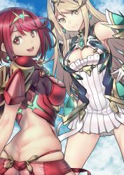 Rule 34 | 2girls, absurdres, bare shoulders, black gloves, blonde hair, breasts, chest jewel, cleavage, cleavage cutout, clothing cutout, commission, crown, dress, dual persona, earrings, elbow gloves, fingerless gloves, gloves, highres, jewelry, large breasts, long hair, multiple girls, multiple persona, mythra (xenoblade), nintendo, pixiv commission, pyra (xenoblade), red eyes, red hair, red legwear, red shorts, rosia san, short dress, short hair, short shorts, shorts, swept bangs, thighhighs, tiara, very long hair, white dress, white gloves, xenoblade chronicles (series), xenoblade chronicles 2, yellow eyes