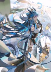 Rule 34 | 1girl, arknights, ass, black dress, black gloves, blue hair, blurry, blurry foreground, boots, bracelet, breasts, bug, butterfly, chinese commentary, cleavage, commentary request, dragon, dragon girl, dragon horns, dress, eastern dragon, full body, gloves, hand up, heqing, highres, holding, holding staff, horns, insect, jewelry, knee boots, lantern, ling (arknights), long hair, medium breasts, outdoors, pointy ears, sidelocks, solo, staff, thigh strap, two-tone dress, very long hair, walking, walking on liquid, white dress, white footwear, yellow butterfly