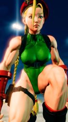 Rule 34 | 1girl, 3d, absurdres, antenna hair, bare shoulders, blonde hair, blue eyes, braid, breasts, cammy white, clenched hand, covered navel, curvy, gloves, green leotard, groin, hat, highleg, highleg leotard, highres, kneeling, leotard, lips, long hair, looking at viewer, medium breasts, red gloves, red hat, ryona, screencap, shiny clothes, sky, solo, street fighter, street fighter v, thighs, third-party edit, thong leotard, twin braids, very long hair, wide hips