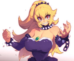 Rule 34 | 1girl, armlet, bare shoulders, blonde hair, bowsette, bracelet, breasts, cleavage, collar, collarbone, commentary request, jewelry, large breasts, long hair, looking at viewer, mario (series), metata, narrow waist, new super mario bros. u deluxe, nintendo, ponytail, red eyes, sharp teeth, smile, solo, spiked armlet, spiked bracelet, spiked collar, spikes, teeth