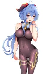Rule 34 | 1girl, ahoge, bare arms, bell, black pantyhose, blue hair, blush, bodystocking, bodysuit, breasts, covered navel, ganyu (genshin impact), genshin impact, highres, horns, long hair, looking at viewer, medium breasts, neck bell, no gloves, open mouth, orionstar, pantyhose, purple eyes, sidelocks, sleeveless, solo, standing, tongue, tongue out, white background