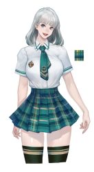 Rule 34 | 1girl, blue eyes, fang, green necktie, green skirt, green thighhighs, grey hair, highres, instant ip, medium hair, necktie, open mouth, original, plaid, plaid skirt, school uniform, simple background, skirt, smile, solo, teeth, thighhighs, tongue, uniform, upper teeth only, white background