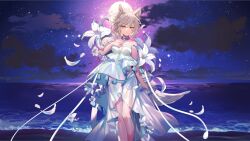Rule 34 | 1girl, animal collar, animal ear fluff, bare shoulders, beach, blue collar, character request, closed mouth, cloud, collar, collarbone, copyright request, dress, falling petals, grey hair, horizon, imonovel, moon, ocean, petals, shore, short hair, sky, solo, star (sky), starry sky, virtual youtuber, white dress, white petals, yellow eyes