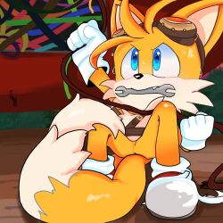 Rule 34 | 1boy, blue eyes, commentary, english commentary, fang, furry, furry male, gloves, goggles, goggles on head, highres, looking up, male focus, mouth hold, multiple tails, orange fur, pillynaps, solo, sonic (series), tail, tails (sonic), two tails, white footwear, white gloves, wrench